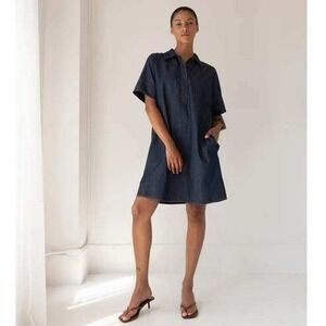 Paper Label Vlada Denim Shirt Dress Blue Cotton Short Sleeve Shift Size Medium